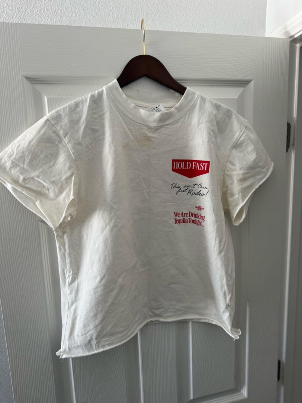 sundays White Tee with Red HOLD FAST Graphic